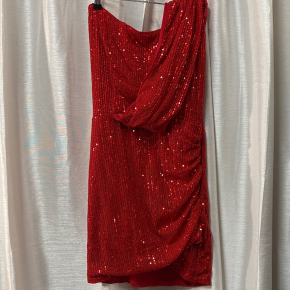Shein Red Sequin One Shoulder Ruched Bodycon Mini Dress size L - Picture 8 of 11
